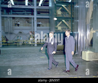 United States President John F. Kennedy visited Marshall Space Flight Center (MSFC) in Huntsville, Alabama on September 11, 1962. Here President Kennedy and Dr. Wernher von Braun, MSFC Director, tour one of the laboratories..Credit: NASA via CNP /MediaPunch Stock Photo