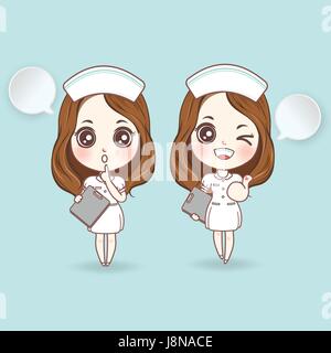 Cartoon nurse in white dress cute. have a smile orthodontics blue bright. hold Patient Chart in hand. lift Do not make loud noises. and lift wonderful Stock Vector
