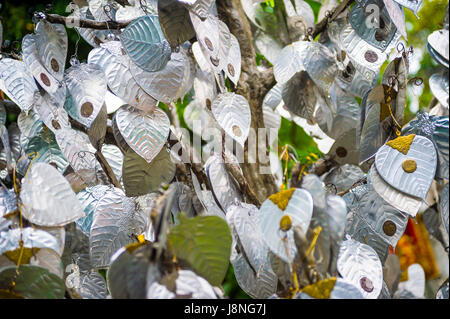 Silver bodhi leaves hanging from a sacred wishing tree in a Buddhist temple in Bangkok, Thailand Stock Photo