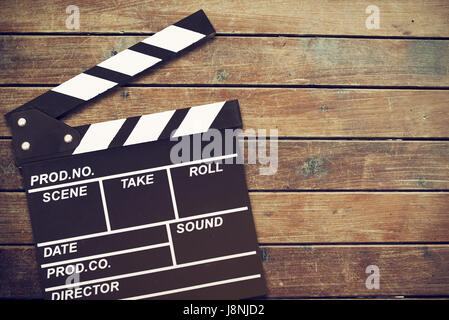 Clapper board,Movie clapper on wooden backgrond Stock Photo