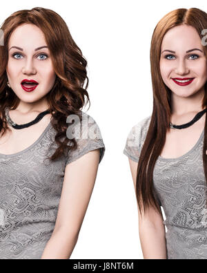 Young woman with wavy hair before and after straightening over white background Stock Photo