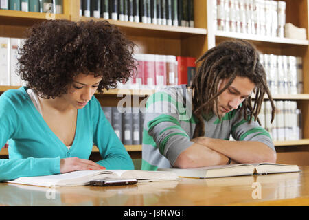 Two students learning together indoors in library Stock Photo