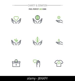 Charity and donation modern thin line pixel perfect vector icon set. Outline symbols and emblem of human hands. Heart, globe, volunteer logo. nonprofi Stock Vector