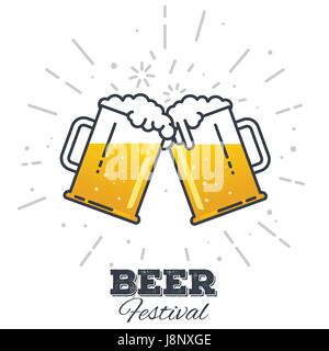 Two gig glasses with fresh yellow live beer and white foam, and bubbles. Line style flat vector illustration. Beer festival concept. Lager sort. Clink Stock Vector