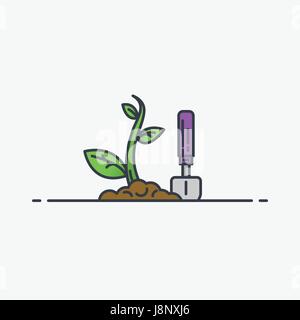 New sprout growing. Soil, garden shovel and green young plant. Line style, flat vector illustration. Leaves and stem. Gardening concept. Stock Vector