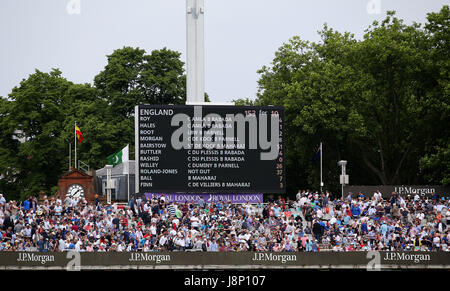 General view of the scoreboard after England are all out for 153 during the One Day International at Lord's, London. Stock Photo