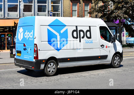 DPD Dynamic Parcel Distribution company owned by GeoPost a subsidiary of French La Poste, new blue van local courier parcel delivery in Brentwood UK Stock Photo