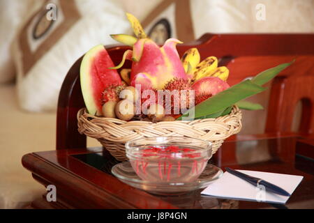 basket, fruit, hotel, sofa, hotel room, room, cup, service, indoor photo, Stock Photo