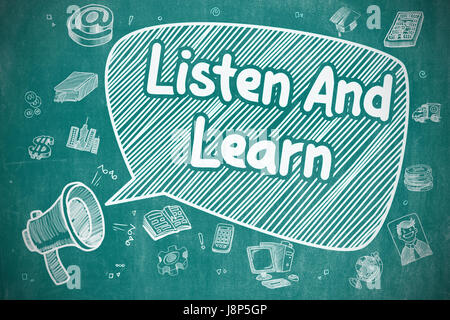 Listen And Learn - Cartoon Illustration on Blue Chalkboard. Stock Photo