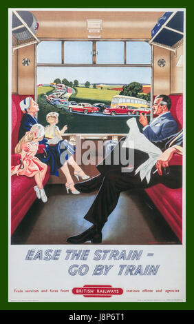 Vintage retro 1950's British Railways poster showing calm relaxed family train passengers with view through carriage window to traffic jam in background and the advertising line 'Ease The Strain Go By Train' Stock Photo