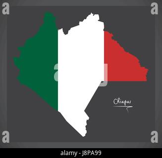 Chiapas map with Mexican national flag illustration Stock Vector