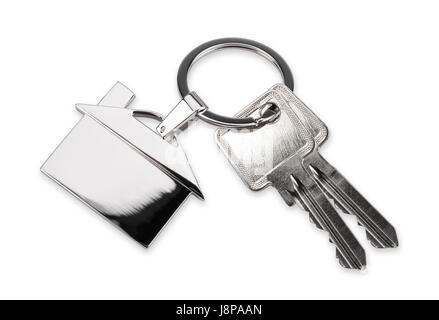 residential house home keys with metal silver chrome house keychain symbol isolated on white background Stock Photo