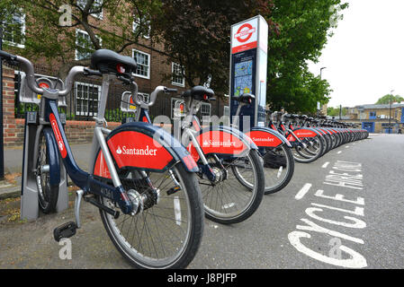 Santander cycles, or Boros Bikes, in Oval, London Stock Photo