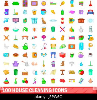 100 house cleaning icons set, cartoon style Stock Vector