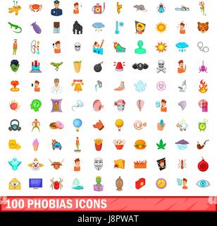 100 phobias icons set, cartoon style Stock Vector