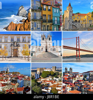 Portugal travel collage. Selection of touristic cities and landmarks: Lisbon, Porto (Oporto), Coimbra, Cascais, Obidos, Nazare and Cabo da Roca Stock Photo