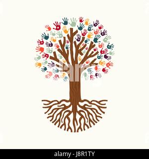 Tree made of diverse color hand prints with big roots. Community help concept illustration. EPS10 vector. Stock Vector