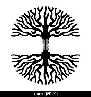 Tree branches shape with opposite human faces silhouette. Concept optic art symbol for psychology, environment, therapy, social development or human s Stock Vector