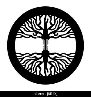 Visual illusion symbol with tree branches and opposite people faces. Concept illustration for psychology, environment, therapy, social development or  Stock Vector