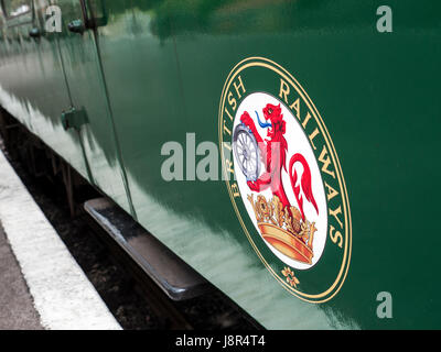 1950’s British Railways Logo on side of preserved working train carriage Stock Photo
