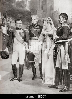 Napoleon receiving the Queen of Prussia at Tilsit, 1807. Napoleon Bonaparte, 1769 – 1821. French military and political leader and Emperor of the French from 1804 to 1815 as Napoleon I. Duchess Louise of Mecklenburg-Strelitz, 1776 – 1810. Queen consort of Prussia as the wife of King Frederick William III.   From Hutchinson's History of the Nations, published 1915. Stock Photo