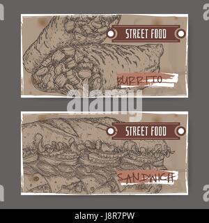 Set of two landscape banners with burrito and sandwich sketch on grunge background. Stock Vector