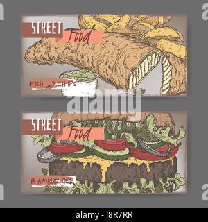 Set of two landscape banners with fish, chips and hamburger color sketch Stock Vector