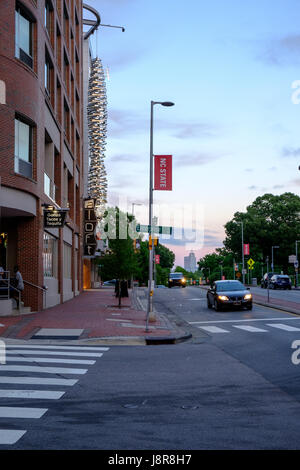 Aloft Hotel on Hillsborough Street at dusk on campus of North Carolina State University, Raleigh, USA Stock Photo