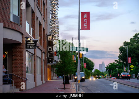 Aloft Hotel on Hillsborough Street at dusk on campus of North Carolina State University, Raleigh, USA Stock Photo