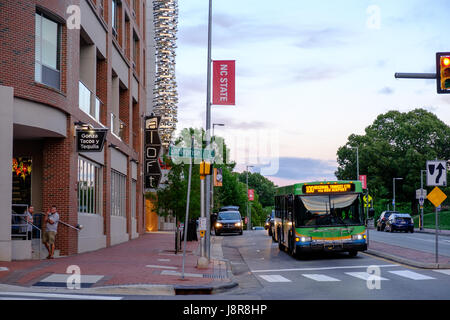 Aloft Hotel on Hillsborough Street at dusk on campus of North Carolina State University, Raleigh, USA Stock Photo