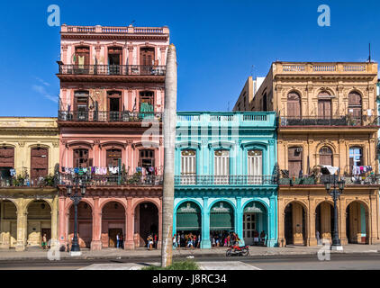 Colorful buildings in old Havana downtown Street - Havana, Cuba Stock Photo