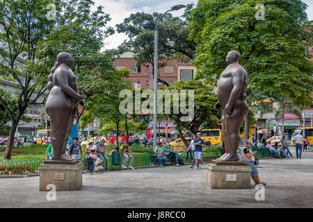 Adam and Eve Statues at Botero Square - Medellin, Antioquia, Colombia Stock Photo