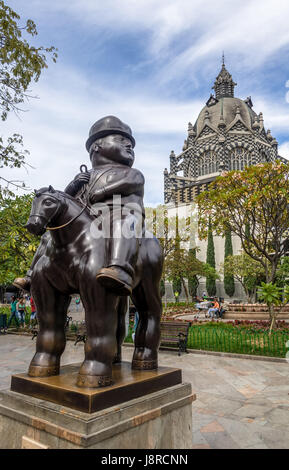 Man on a horse statue at Botero Square Botero Square - Medellin, Antioquia, Colombia Stock Photo