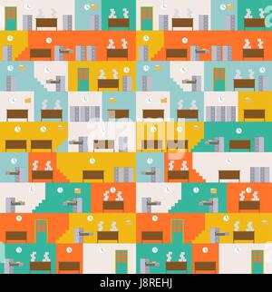 Office Corporate interior pattern. Managers in workplace background. Tables and File Cabinet ornament. Businessman at work Stock Vector