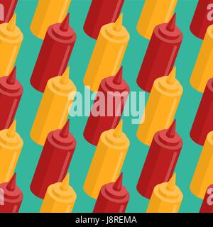 Mustard and ketchup bottle seamless pattern. Fast food seasoning background. Food Ornament Stock Vector