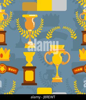 Winner awards are seamless pattern. Cups and olive branch ornament. Championship prize background Stock Vector