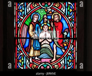 Scene from Life of Jesus, by Adolph Didron, Paris, 1860, stained glass window, Feltwell, Norfolk, England, Jesus baptized, by John the Baptist Stock Photo