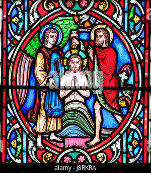 Scene from Life of Jesus, by Adolph Didron, Paris, 1860, stained glass window, Feltwell, Norfolk, England, Jesus baptized, by John the Baptist Stock Photo