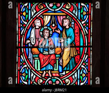 Scene from Life of Jesus, by Adolph Didron, Paris, 1860, stained glass window, Feltwell, Norfolk, England, Jesus meets and recruits disciple Stock Photo