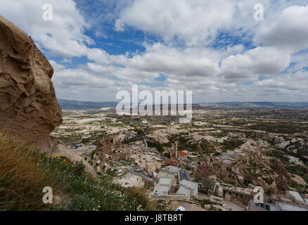 View from Uchhisar castle over touristic villages and rock formations Stock Photo