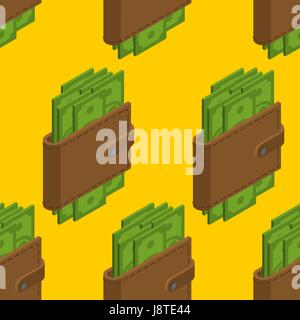 Money in wallet seamless pattern. Cash in purse background. Dollars in pouch texture. Financial Ornament Stock Vector