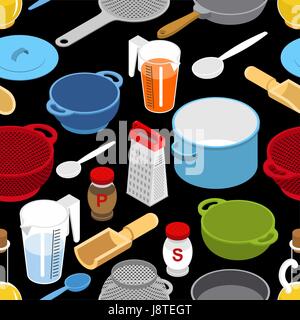 Ingredients and tableware utensil seamless pattern. Grater and colander. Pan and saucepan. Cheese and chicken. Bacon and mushrooms. Set for cooking a  Stock Vector