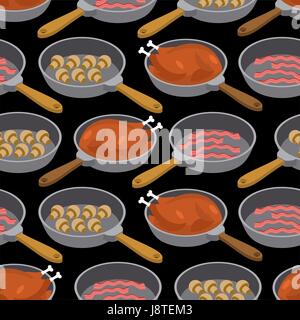 Frying pan and chicken seamless pattern. Mushrooms and bacon Frying utensils background. Kitchen ornament Stock Vector