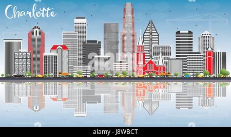 Charlotte Skyline with Gray Buildings, Blue Sky and Reflections. Vector Illustration. Business Travel and Tourism Concept with Modern Architecture. Stock Vector