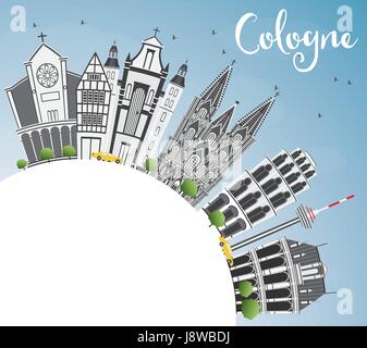 Cologne Skyline with Gray Buildings, Blue Sky and Copy Space. Vector Illustration. Business Travel and Tourism Concept with Historic Architecture. Stock Vector