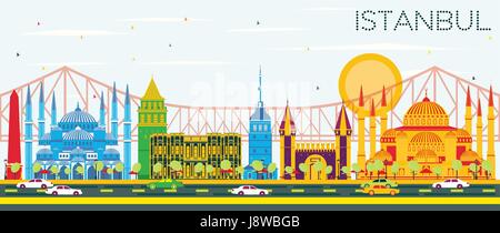 Istanbul Skyline with Color Landmarks and Blue Sky. Vector Illustration. Business Travel and Tourism Concept with Istanbul City. Stock Vector