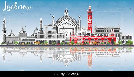 Lucknow Skyline with Gray Buildings, Blue Sky and Reflections. Vector Illustration. Business Travel and Tourism Concept with Modern Architecture. Stock Vector