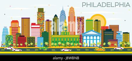 Philadelphia Skyline with Color Buildings and Blue Sky. Vector Illustration. Business Travel and Tourism Concept with Philadelphia City. Stock Vector