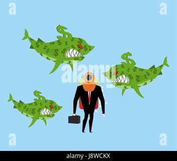 Businessman among business sharks. Dollar predators. Manager in deep-water suit. Business concept Stock Vector