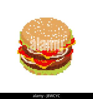 Hamburger pixel art. pixelated Fast food isolated on white background. Fresh burger Stock Vector